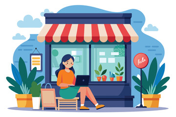 Poster - a woman is focused on her laptop while seated outside a vibrant store, surrounded by greenery illust