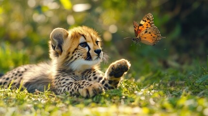 Adorable cheetah cub observes a butterfly in a sun-drenched grassy field with bokeh effect