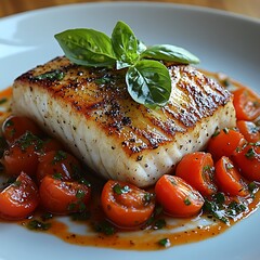 Wall Mural - perfectly crisp sea bass fillet drizzled with a vibrant tomato basil coulis, garnished with fresh basil leaves