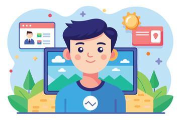 Poster - A young man smiles while working on his computer, surrounded by illustrations and greenery Image upload Customizable Cartoon Illustration