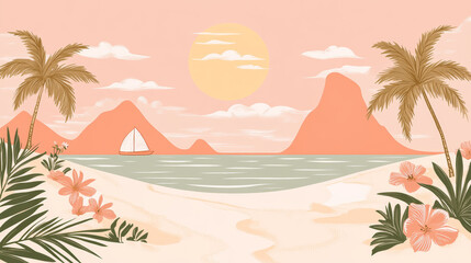 Wall Mural - tropical beach with sailboat and mountains at sunset