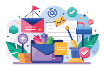 Poster - colorful inbox cleanup tools and elements are arranged in a vibrant, imaginative workspace inbox cle