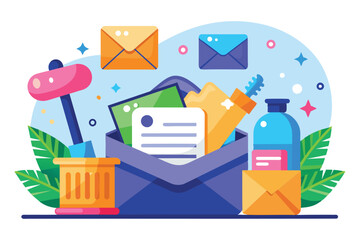 Poster - Illustration shows a colorful inbox cleanup with envelopes, stationery, and organizational tools surrounding it Inbox cleanup Customizable Semi Flat Illustration