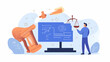 © Lailatul - Man reviewing 3D model design on screen, scales of justice nearby, background of scientific elements; for legal tech or intellectual property illustration