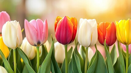 Wall Mural - Pastel spring concept. A vibrant array of tulips in various colors basking in the warm sunlight.