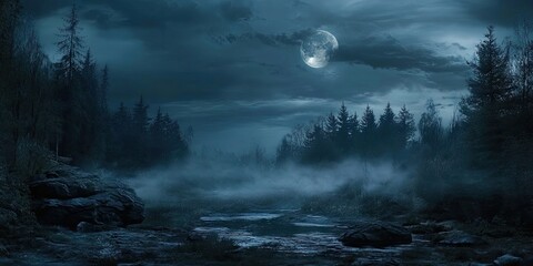 Wall Mural - Mysterious twilight landscape featuring a full moon above dark blue clouds, silhouetted trees, and fog over a tranquil riverbed.