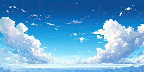 Wall Mural - Vibrant blue sky with fluffy white clouds spread across the horizon, creating a serene and open atmosphere in the upper two-thirds of the image.