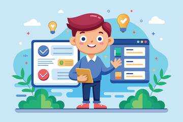 Poster - A cheerful child holds a tablet while engaging with informative screens in a vibrant setting Information tab Customizable Cartoon Illustration