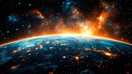 Wall Mural - Cosmic Sunrise: A Stunning View of Earth from Space. Witness the breathtaking beauty of our planet against the backdrop of a vibrant galaxy.