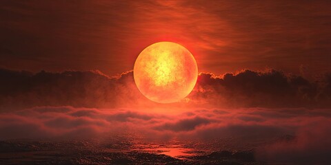 Wall Mural - Vibrant sunset with a large red sun glowing amidst dark clouds and fog, casting orange and pink hues across tranquil water below, showcasing nature's beauty.