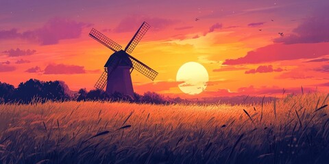 Wall Mural - Serene windmill silhouette against a vibrant sunset with hues of orange and purple, surrounded by golden grass in a tranquil twilight setting.