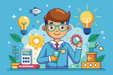 Poster - a young inventor happily holds tools while surrounded by gears and light bulbs, showcasing creativit