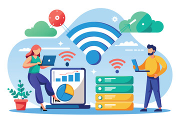 Poster - two professionals install data through wi-fi while managing network systems and visual data represen