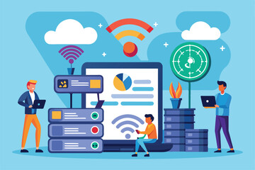 Poster - Individuals set up data installations using Wi-Fi in a contemporary workspace filled with devices Install data with wi-fi