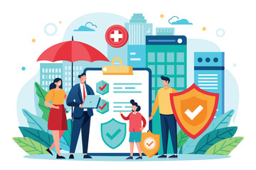 Poster - Families in a vibrant urban setting discuss customizable insurance plans with professionals, holding security symbols, Insurance Customizable Flat Illustration