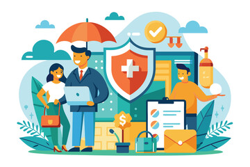 Poster - Professionals engage in a discussion about customizable insurance solutions while reviewing options and paperwork, Insurance Customizable Flat Illustration