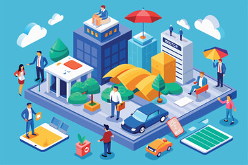 Poster - Isometric art features diverse characters interacting with customizable insurance elements in an urban backdrop, Insurance Customizable Isometric Illustration