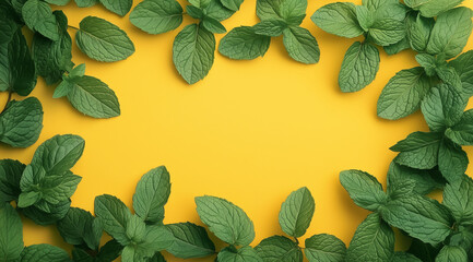 Wall Mural - Mint leaves on yellow background top view with space for text, created with Generative AI technology