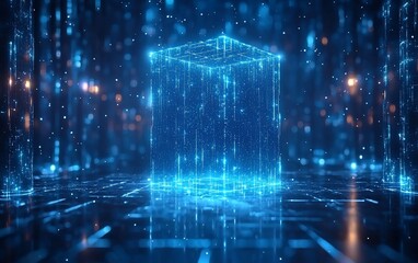 Poster - Glowing blue cube in digital space.