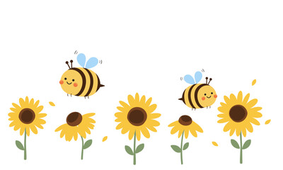 Wall Mural - Set of sunflower icon signs and bee cartoons isolated on white background vector.