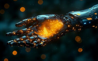 Poster - Glowing robotic hand with intricate details.