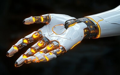 Poster - Futuristic robotic hand outstretched, offering, glowing joints.