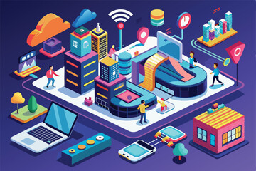 Poster - a vibrant isometric design showcases customizable internet access options in an urban landscape with