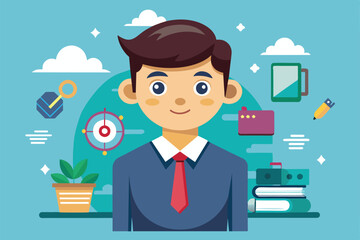 Aufkleber - A young professional stands in a colorful office environment surrounded by tools depicting productivity and creativity, Internship Customizable Cartoon Illustration