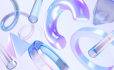 Poster - Abstract 3d background with flying glass transparent geometric shapes in motion render. Dynamic metal figures with iridescent light holographic gradient spiral, circle, tube, pyramid. 3D illustration