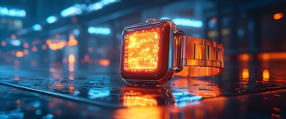 Poster - Futuristic smartwatch with glowing display on wet surface at night.