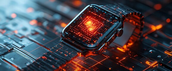 Poster - Futuristic smartwatch with glowing circuit board display on tech background.