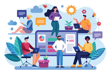 Poster - A group of diverse professionals collaborates online, sharing insights and managing tasks on an intranet platform, Intranet collaboration
