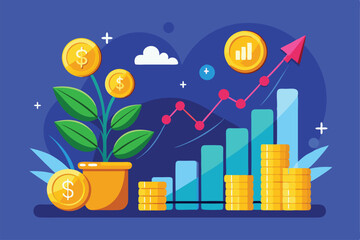 Poster - This illustration features a plant symbolizing growth alongside coins and charts representing financial investment, Investment concept. Vector flat illustration of growing graph with gold coins.