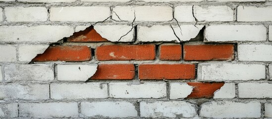 Wall Mural - Textured brick wall featuring jagged cracks and worn surface, displaying a mix of white and red bricks with visible imperfections and character.