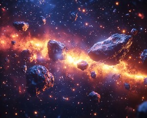 Poster - Fiery asteroid field in space.