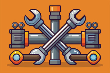 Poster - Iron pipes and spanners display against an orange background, showcasing construction and repair tools, Iron pipes and spanners,