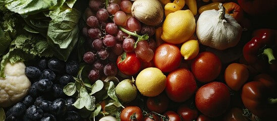 Canvas Print - Vibrant array of assorted vegetables and fruits arranged artfully on a wooden surface showcasing rich colors and textures for culinary inspiration