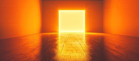 Wall Mural - Intriguing empty room with warm orange walls and glowing illuminated doorway creating a captivating and mysterious ambiance on polished wooden floor