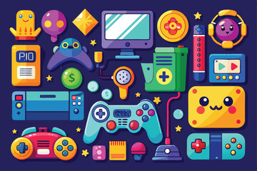 Aufkleber - Vibrant collection of devices, gaming controllers, and playful icons arranged together against a dark backdrop, Isolated Graphic Elements for Video Gaming