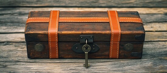 Wall Mural - Rustic brown box with orange leather strips and a small key on a weathered wooden surface highlighting vintage charm and unique character