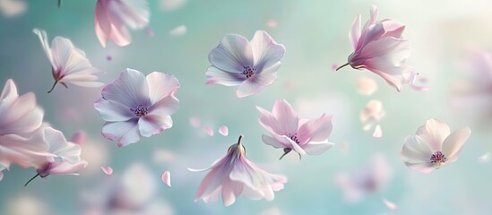 Leinwandbilder - Pastel pink and lavender flowers delicately cascade against a soft blurred turquoise background, creating a serene and tranquil atmosphere.