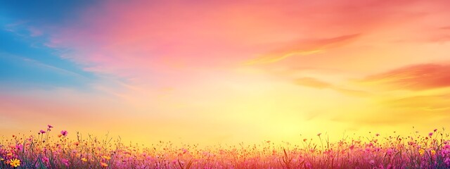 Poster - A beautiful field of vibrant flowers at sunset, showcasing a stunning display of colors against a serene sky. Perfect for nature and landscape themes.