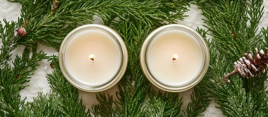 Top view of two white Christmas candles among lush green branches and pine cones creating a warm festive atmosphere for the holiday season