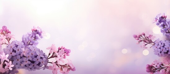 Poster - Abstract floral backdrop featuring clusters of purple and pink flowers positioned on the left and right over a soft pastel gradient background with bokeh effect.