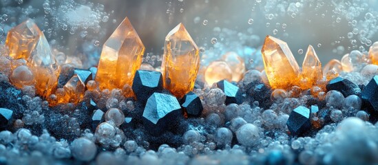 Aufkleber - abstract composition of orange and blue crystals surrounded by light bubbles shimmering in a soft-fo