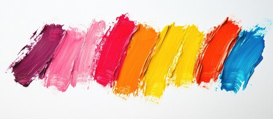 Poster - Colorful paint strokes in a diagonal arrangement featuring shades of purple, pink, red, yellow, and orange on a white background.