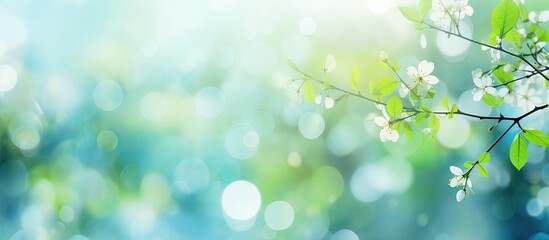 Leinwandbilder - Bright green and blue bokeh abstract background with soft floral accents and blurred light spots creating a serene spring atmosphere