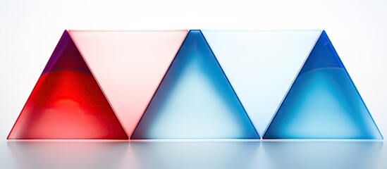 Leinwandbilder - Abstract geometric composition featuring three translucent tetrahedrons in red, blue, and white arranged symmetrically on a bright white background.