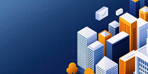 A stylized graphic featuring colorful buildings against a dark blue background, conveying a modern cityscape theme.