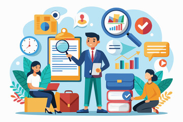 Poster - a vibrant workspace filled with people engaging in job hunt activities and analyzing data for opport